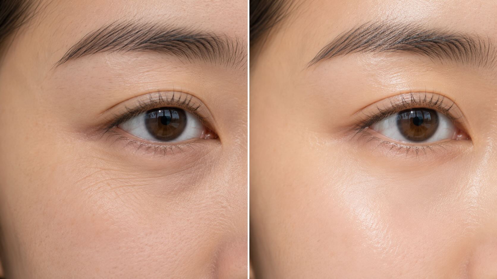 Before and after comparison of under-eye fine lines and puffiness reduction after 6 weeks of daily MEDIHEAL Collagen Eye Patch use