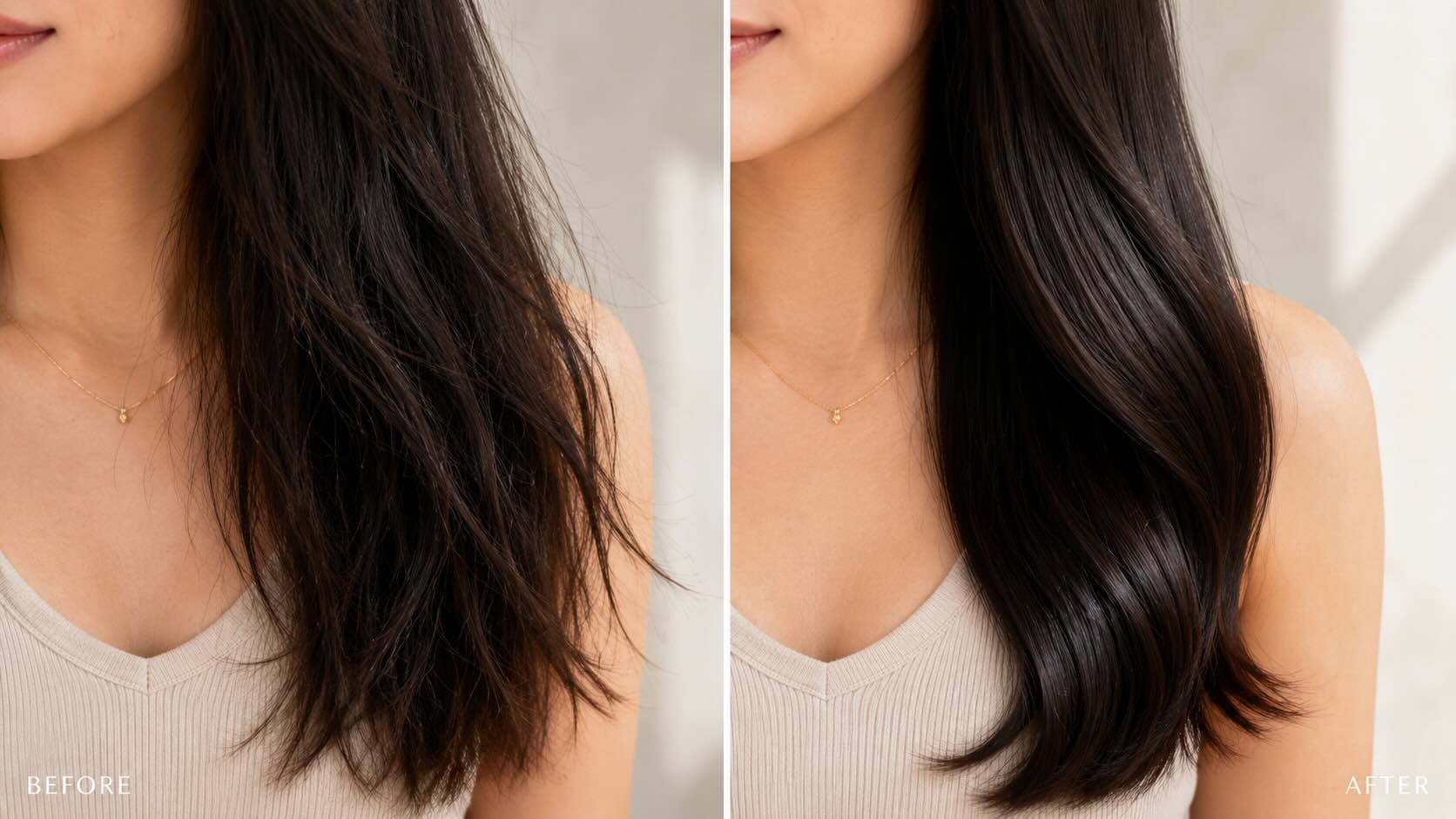 Before and after comparison of frizzy damaged hair and smooth shiny hair after 6 weeks of Mise en Scène Perfect Serum use