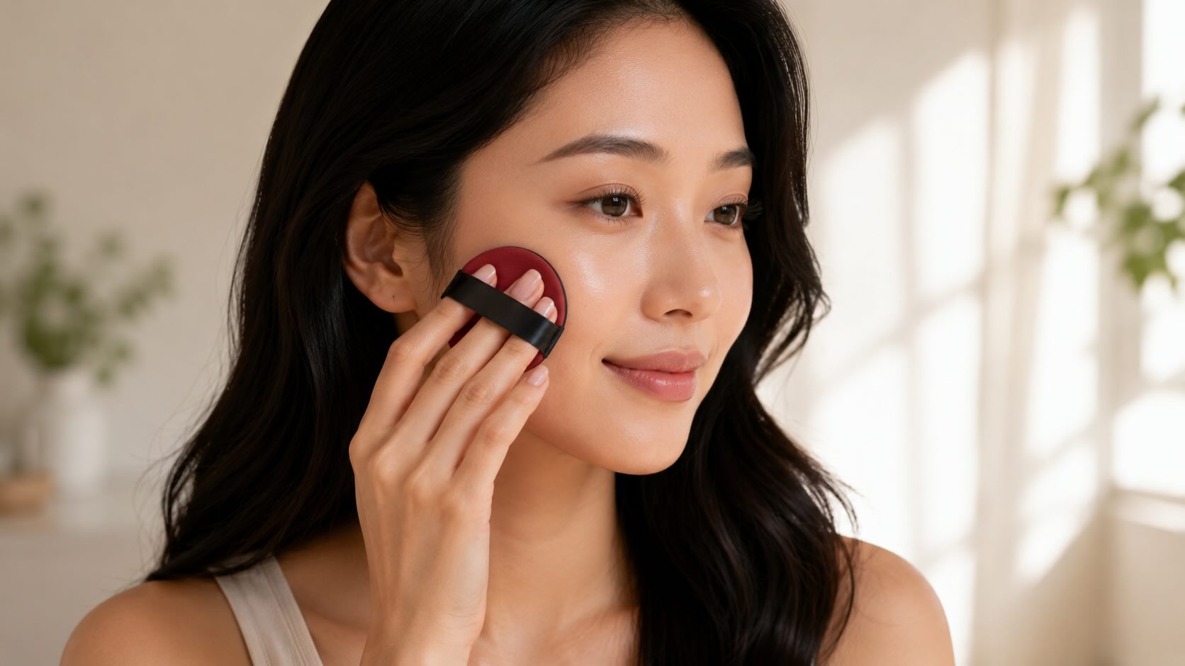 Hands patting TIRTIR Red Cushion onto the cheek with the air-puff applicator showing the patting technique