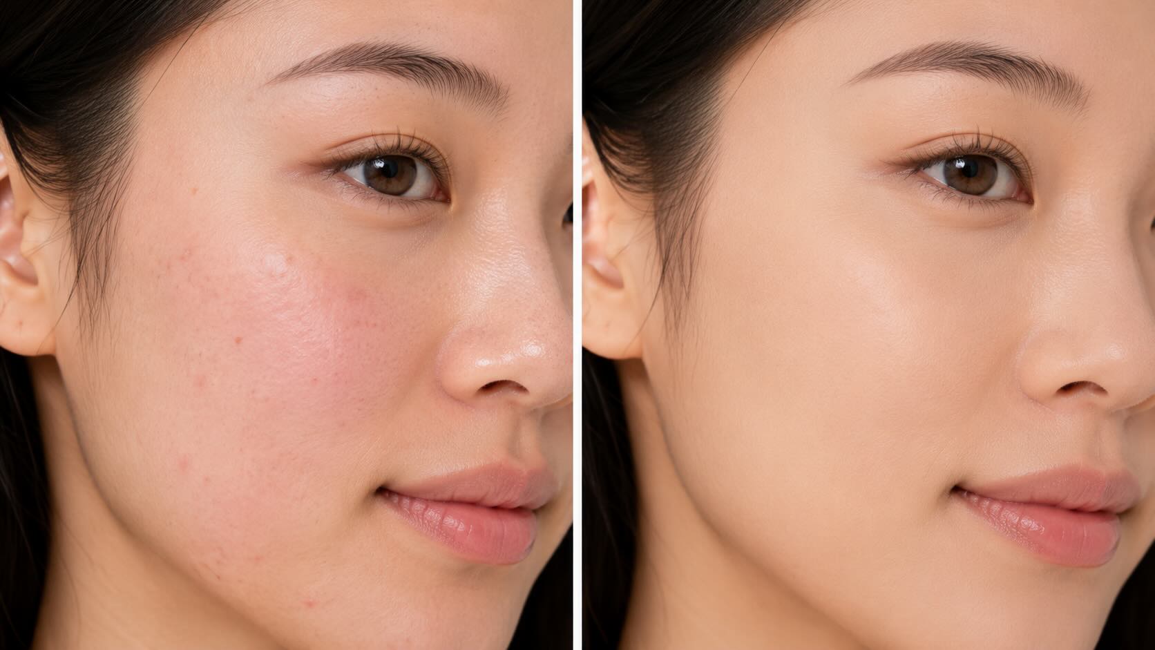 Before and after comparison of bare skin and TIRTIR Red Cushion coverage showing even complexion result