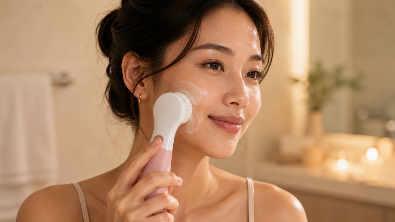 Hand using TOUCHBeauty Facial Cleansing Brush in small circles on the cheek during evening cleanse