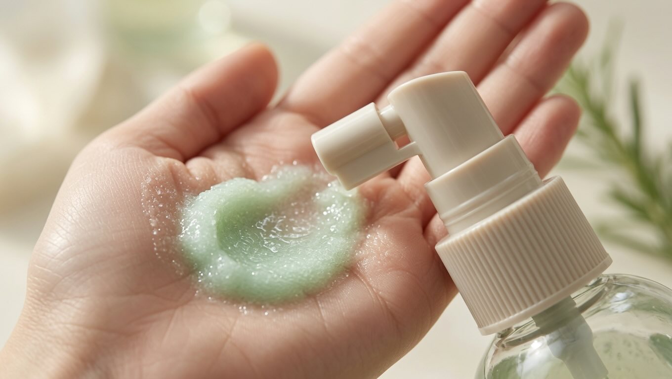 AROMATICA scalp scrub granular texture in hand next to rosemary root enhancer spray showing both products