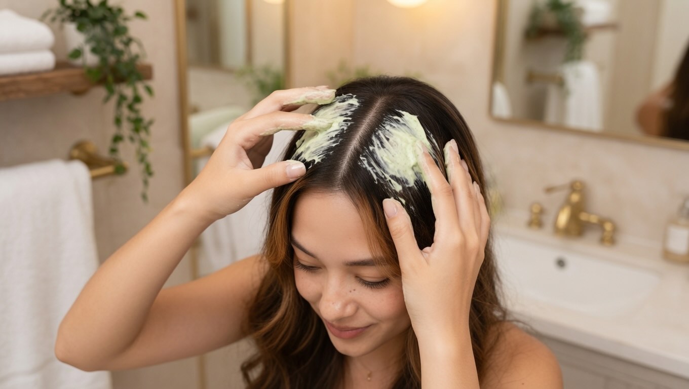 Hands massaging AROMATICA rosemary scalp scrub into a sectioned scalp during a pre-wash treatment