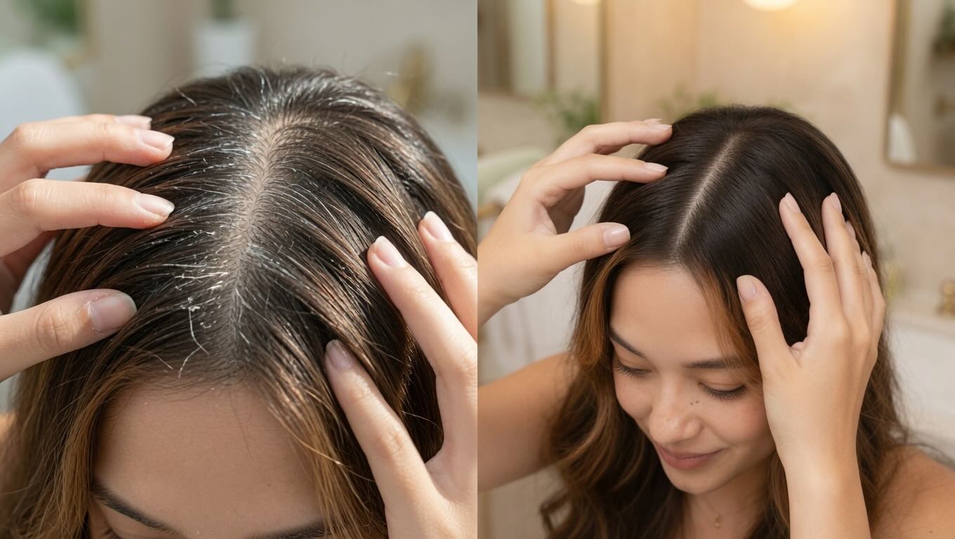 Before and after comparison of a flaky dry scalp and a calm healthy scalp after 6 weeks of AROMATICA Rosemary Scalp Set use