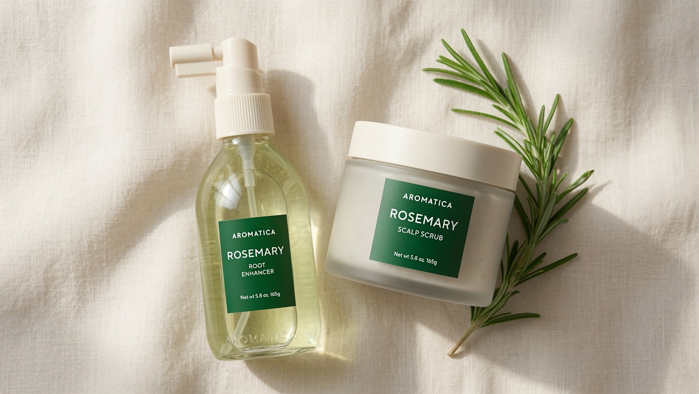 AROMATICA Rosemary Root Enhancer spray and scalp scrub set on neutral cream background with rosemary sprigs