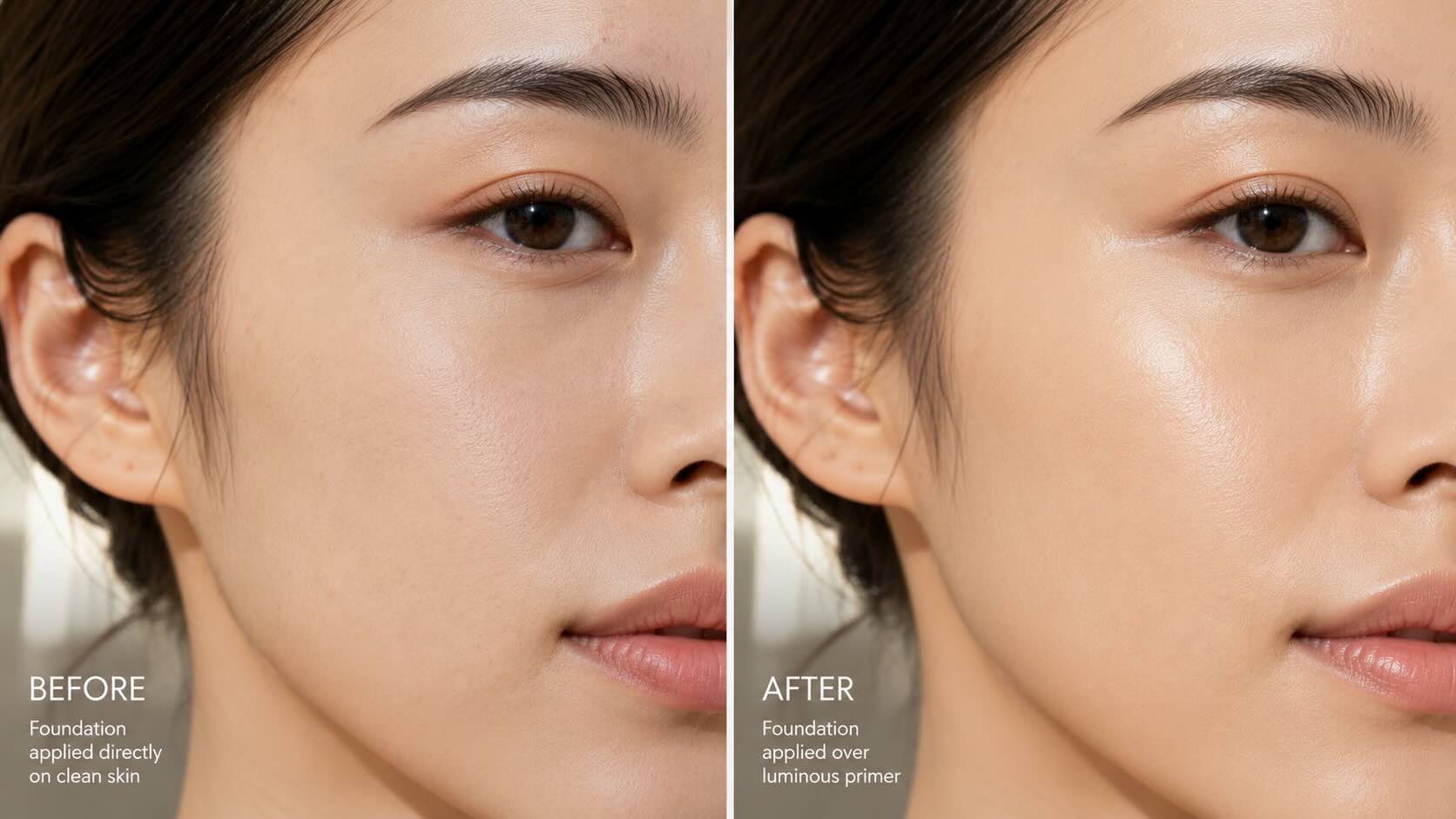 Before and after comparison of skin finish with and without e.l.f. Halo Glow Liquid Filter showing luminous glow effect