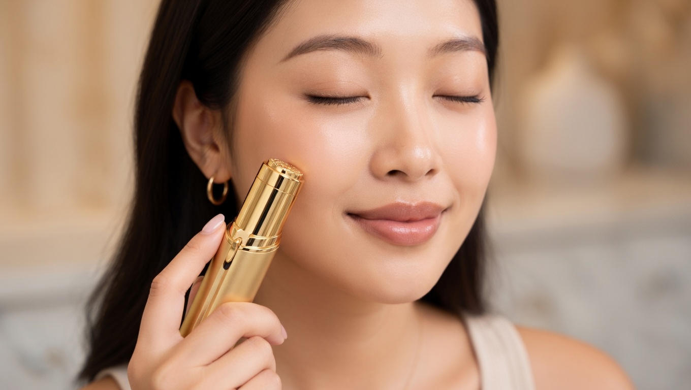 Using Finishing Touch Flawless device in circular motions on the cheek area on dry skin