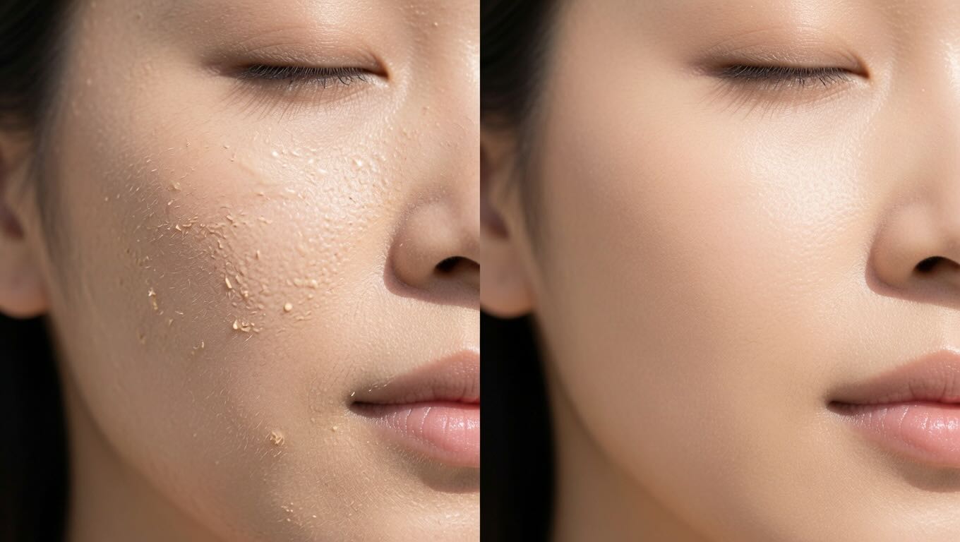 Before and after comparison showing smoother skin texture and improved makeup application after Finishing Touch Flawless use