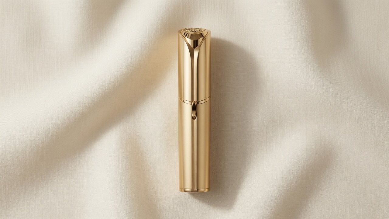 Finishing Touch Flawless Facial Hair Remover gold device on neutral cream background