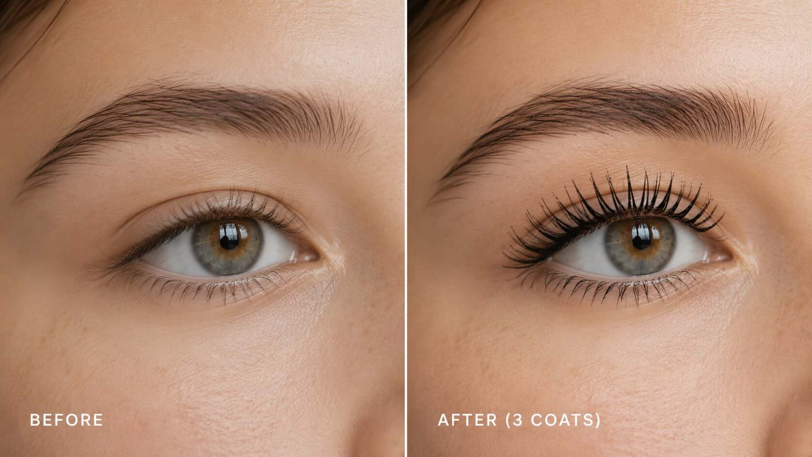 Before and after comparison of bare lashes and maximally lengthened lashes with 3 coats of Maybelline Sky High Mascara