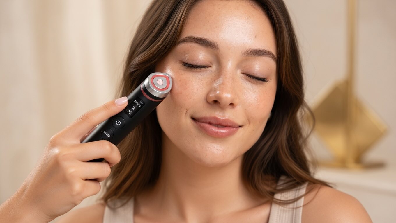 Hand gliding the medicube Age-R Booster Pro device upward along the cheek during a home beauty-tech session