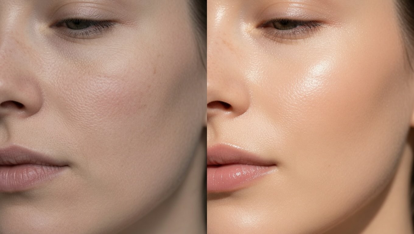 Before and after comparison of skin radiance and firmness after 6 weeks of medicube Age-R Booster Pro device use