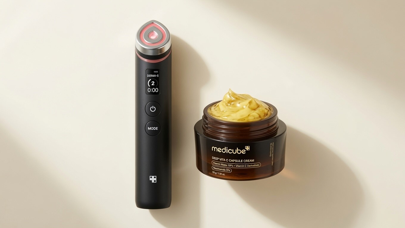 medicube Age-R Booster Pro device and Deep Vitamin C Golden Capsule moisturizer on neutral cream background
