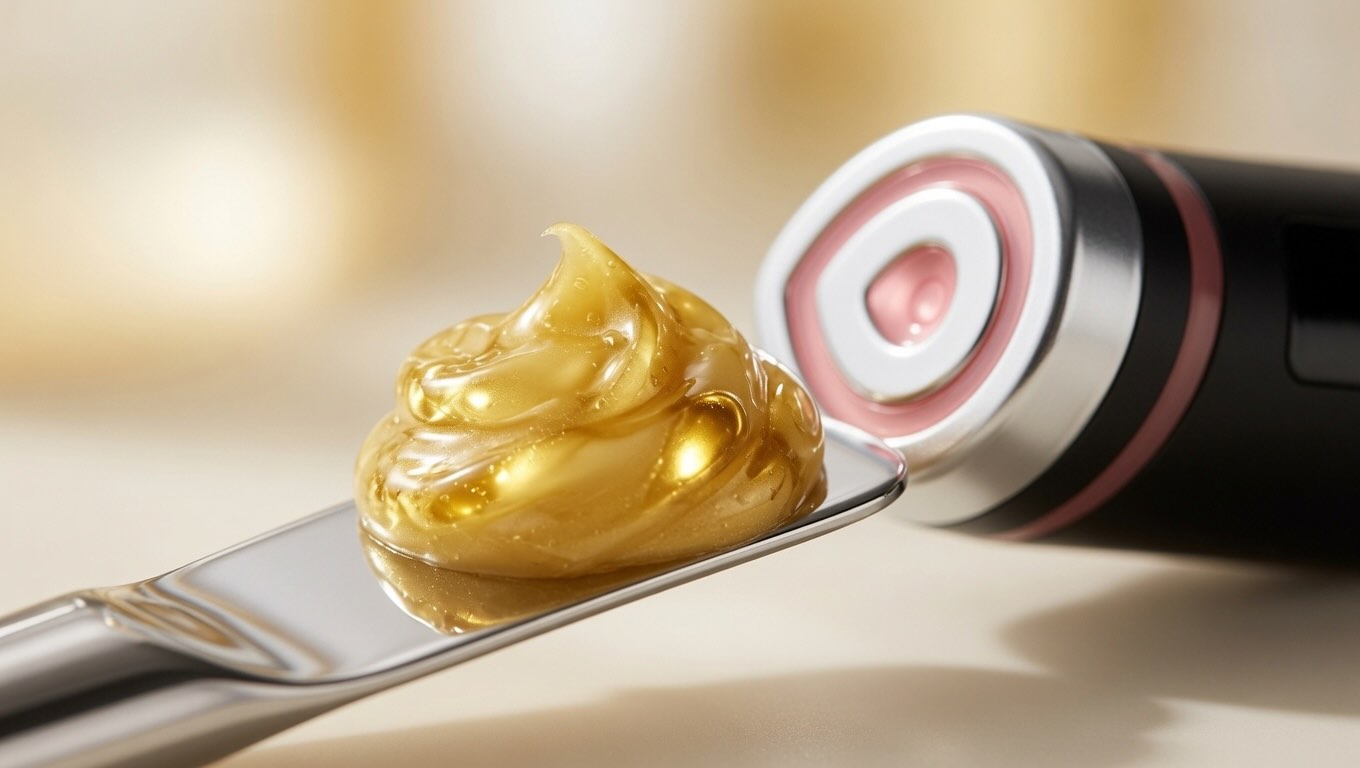 medicube Deep Vitamin C Golden Capsule moisturizer texture with golden capsules visible next to the Age-R device head