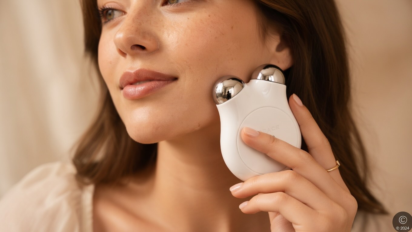 Demonstrating NuFACE Mini application technique with upward sweep along the jawline