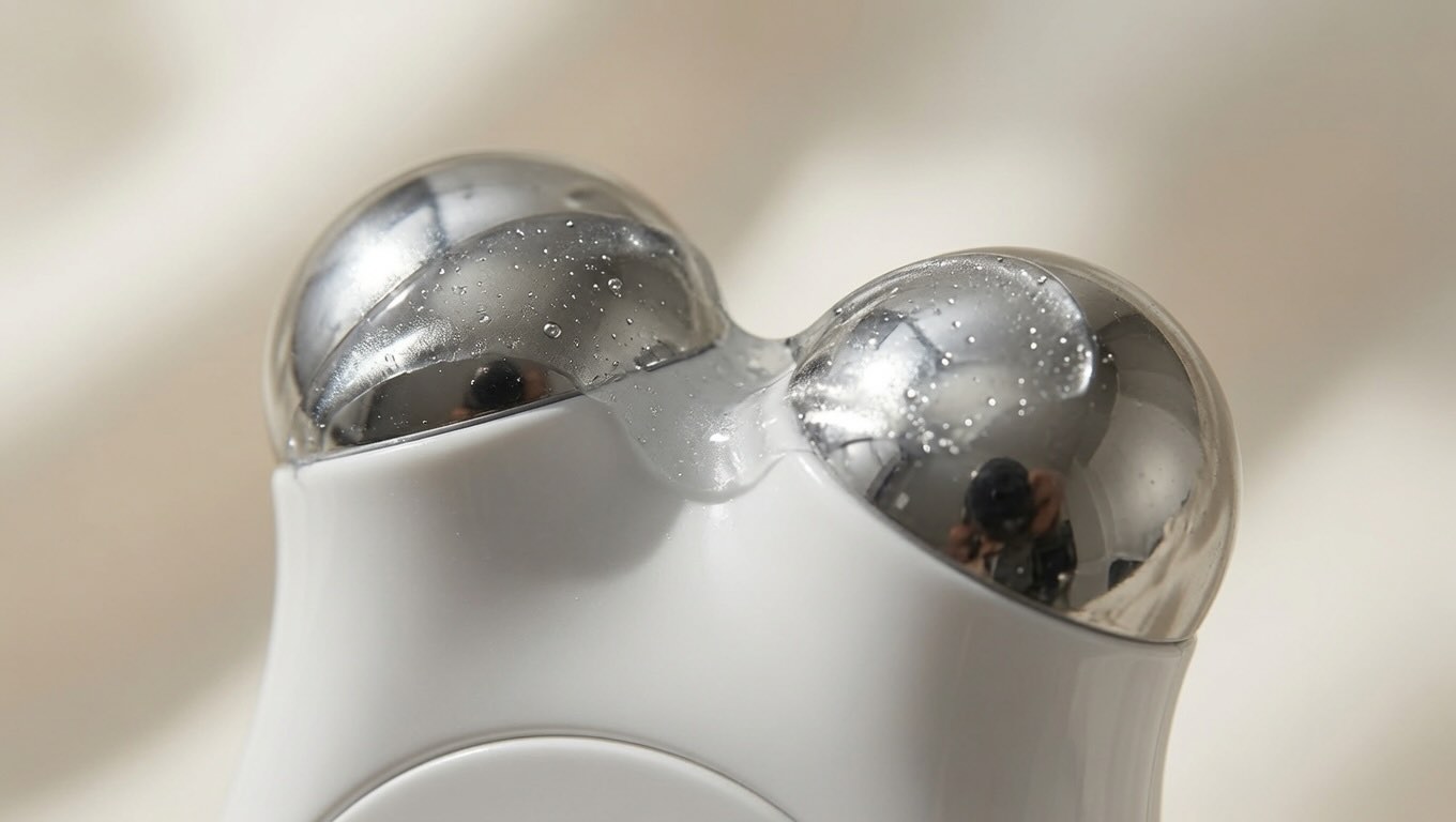 NuFACE Mini device spheres close-up showing the dual conductive spheres used for microcurrent delivery