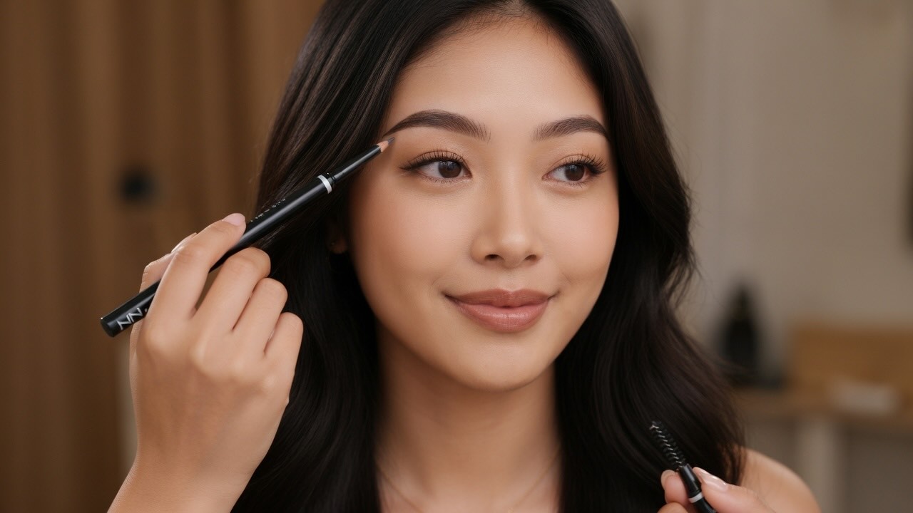 Drawing fine hair-stroke strokes through sparse brow areas with NYX Micro Brow Pencil using light pressure