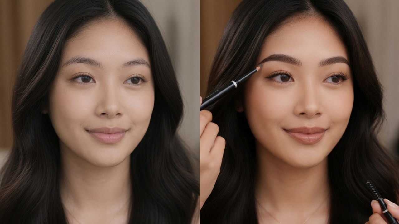 Before and after comparison of sparse natural brows and defined filled brows using NYX Micro Brow Pencil