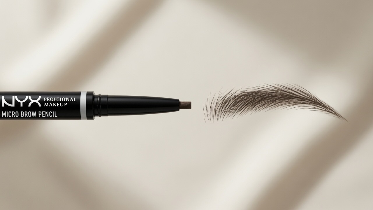 Close-up of NYX Micro Brow Pencil ultra-fine 0.9mm tip next to a strand of eyebrow hair showing the precision scale
