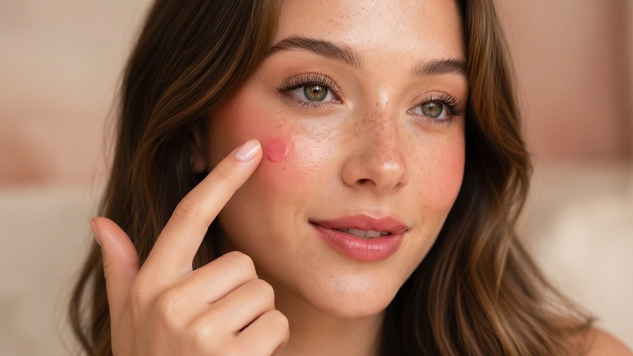 Pressing a tiny amount of Rare Beauty Soft Pinch Liquid Blush onto the cheek with a fingertip for a natural flushed look