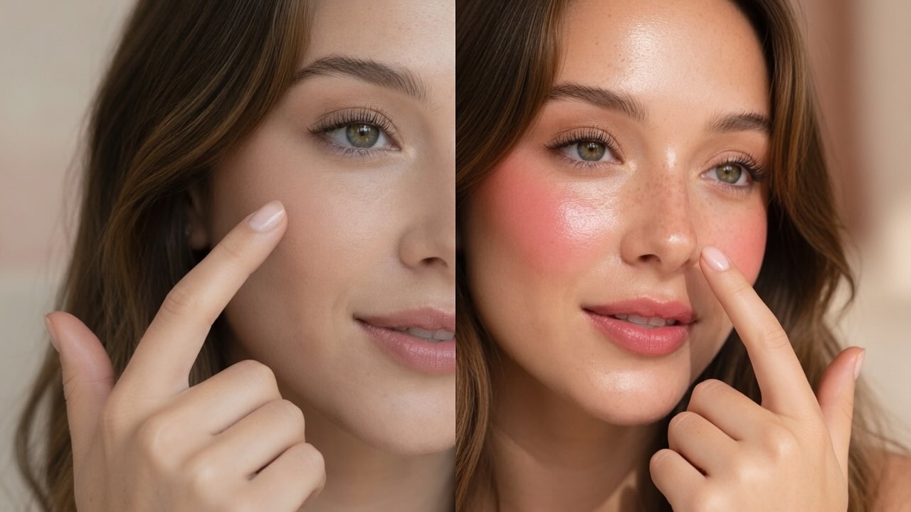 Before and after comparison of no blush and Rare Beauty Soft Pinch Liquid Blush showing natural flushed cheek effect