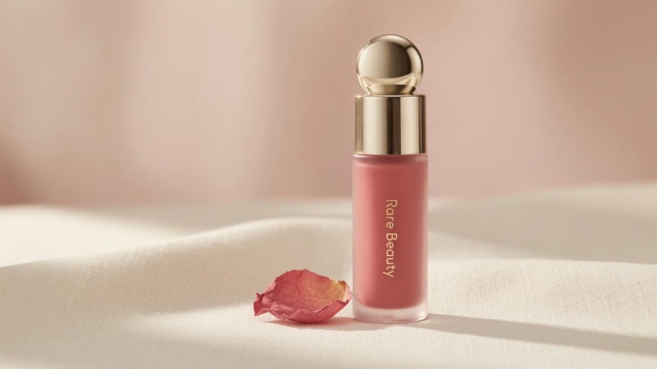 Rare Beauty Soft Pinch Liquid Blush bottle with dropper on soft cream background