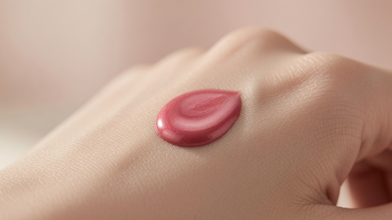 Rare Beauty Soft Pinch Liquid Blush single drop on the back of a hand showing the intense pigmentation