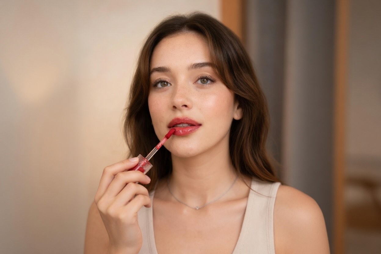Applying rom&nd Juicy Lasting Tint to the lips with the doe-foot applicator showing the glossy gradient result