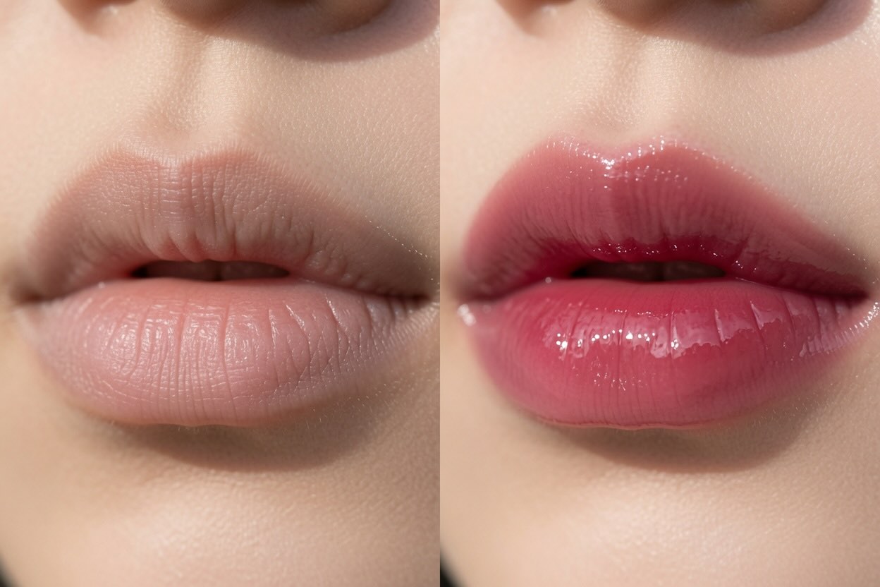 Before and after comparison of bare lips and rom&nd Juicy Lasting Tint Fig Fig glossy gradient lip result