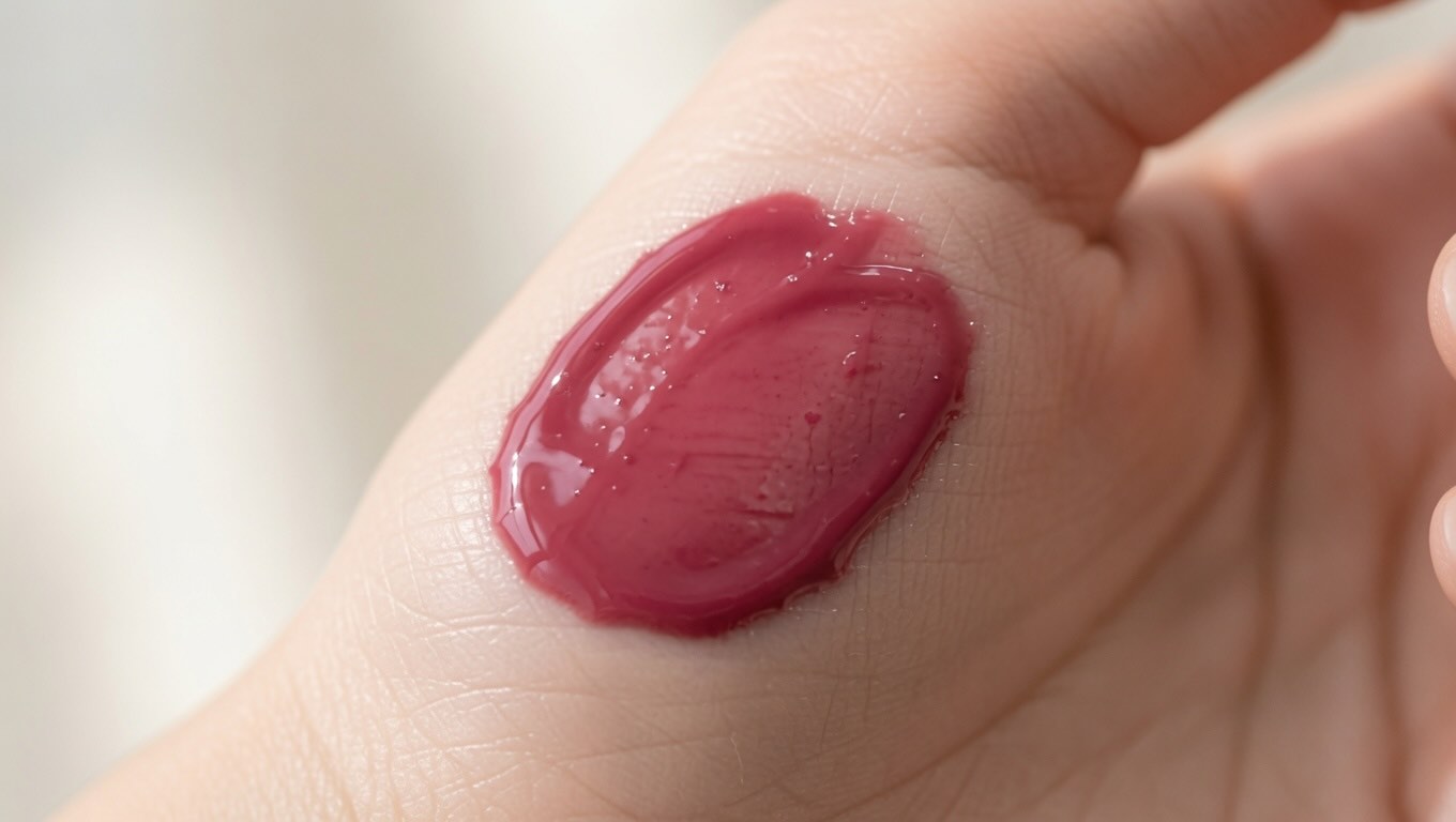 rom&nd Juicy Lasting Tint glossy texture swatch on the back of a hand showing juicy high-shine finish