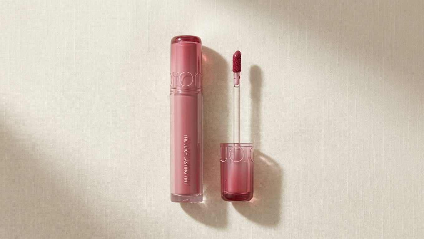 rom&nd Juicy Lasting Tint lip tint tube on neutral cream background with minimalist styling