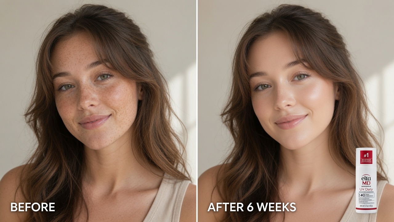 Before and after showing skin hydration and even tone improvement after 6 weeks of EltaMD UV Daily use versus no daily SPF moisturizer