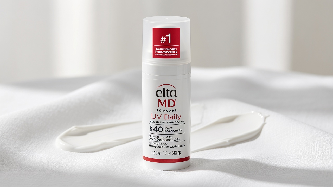 EltaMD UV Daily Face Sunscreen Moisturizer pump tube on neutral cream background with minimal styling
