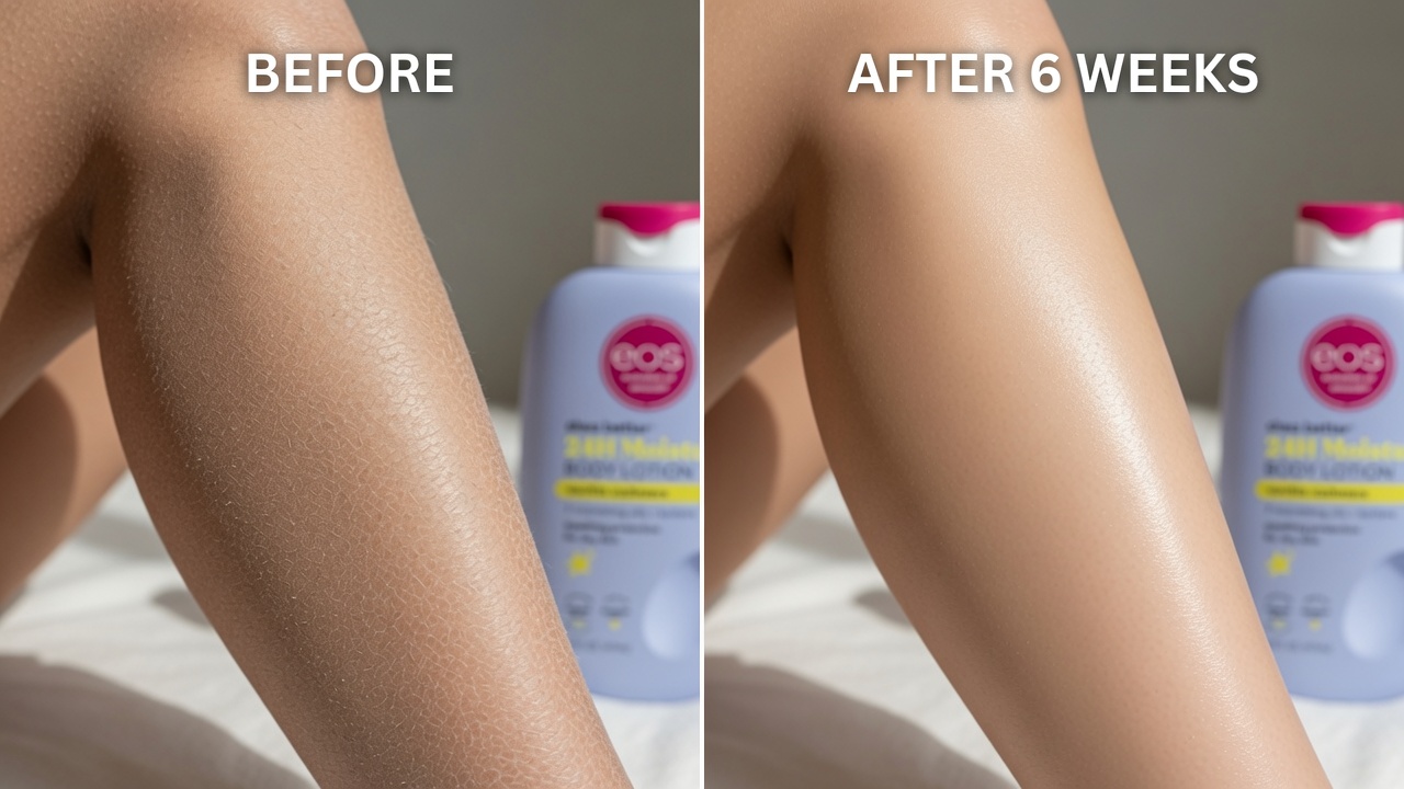 Before and after comparison of dry summer skin and consistently hydrated glowing skin after 6 weeks of daily eos Shea Better Body Lotion use