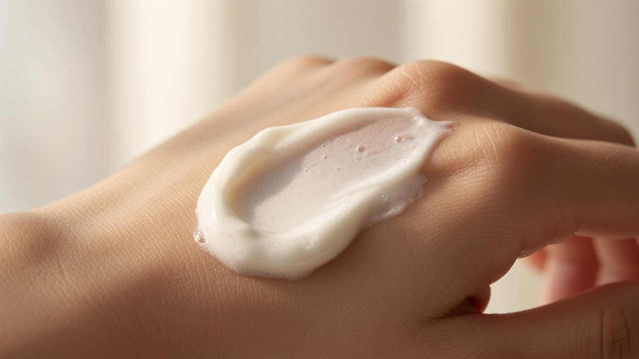 eos Shea Better Body Lotion Vanilla Cashmere cream texture on the back of a hand showing the lightweight non-greasy formula