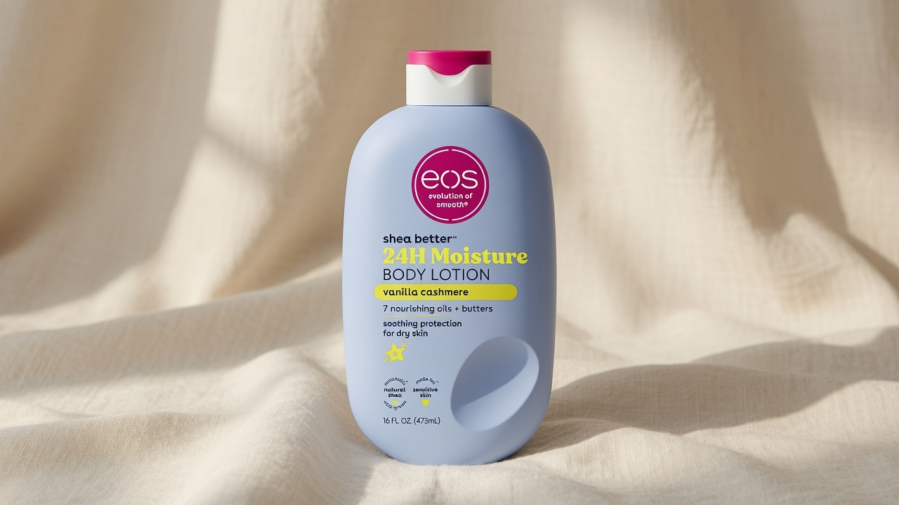 eos Shea Better Body Lotion Vanilla Cashmere pink bottle on neutral cream background with summer styling
