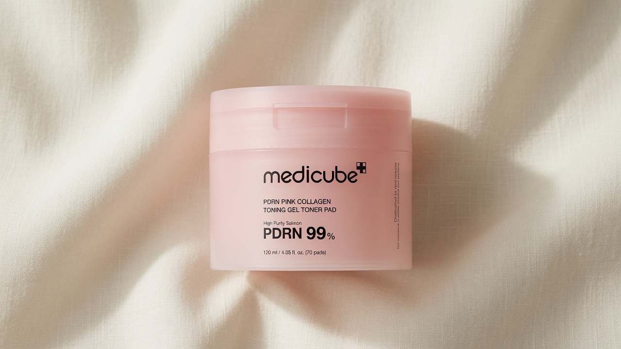 medicube PDRN Pink Collagen Gel Toner Pads pink jar on neutral cream background with K-beauty editorial styling