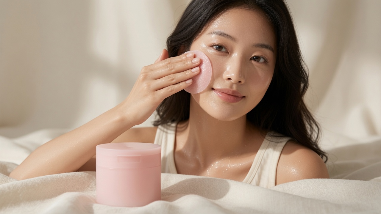 Sweeping a medicube PDRN Pink Collagen Gel Toner Pad across the cheek in an upward motion showing the gel deposit on skin