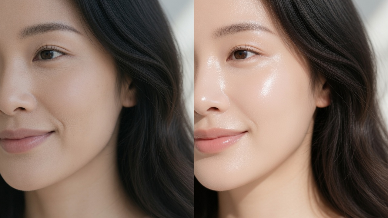 Before and after comparison of dull skin and luminous glowing skin after 4 weeks of daily medicube PDRN Pink Collagen Gel Toner Pad use