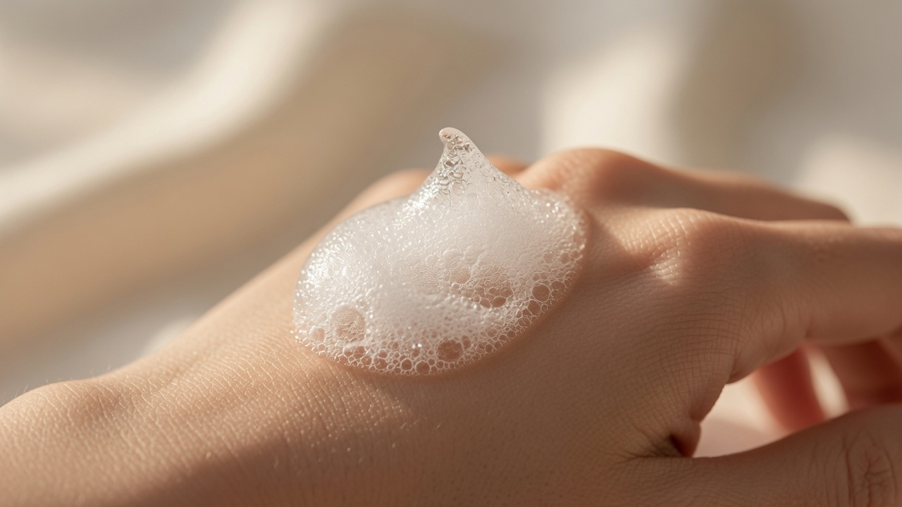 St. Tropez Self Tan Purity Bronzing Water Mousse clear foam texture on the back of a hand showing the transparent application