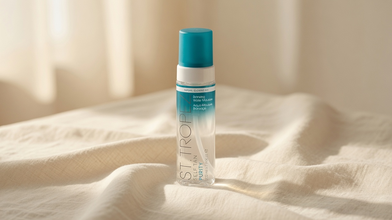 St. Tropez Self Tan Purity Bronzing Water Mousse clear foam bottle on neutral cream background with summer styling