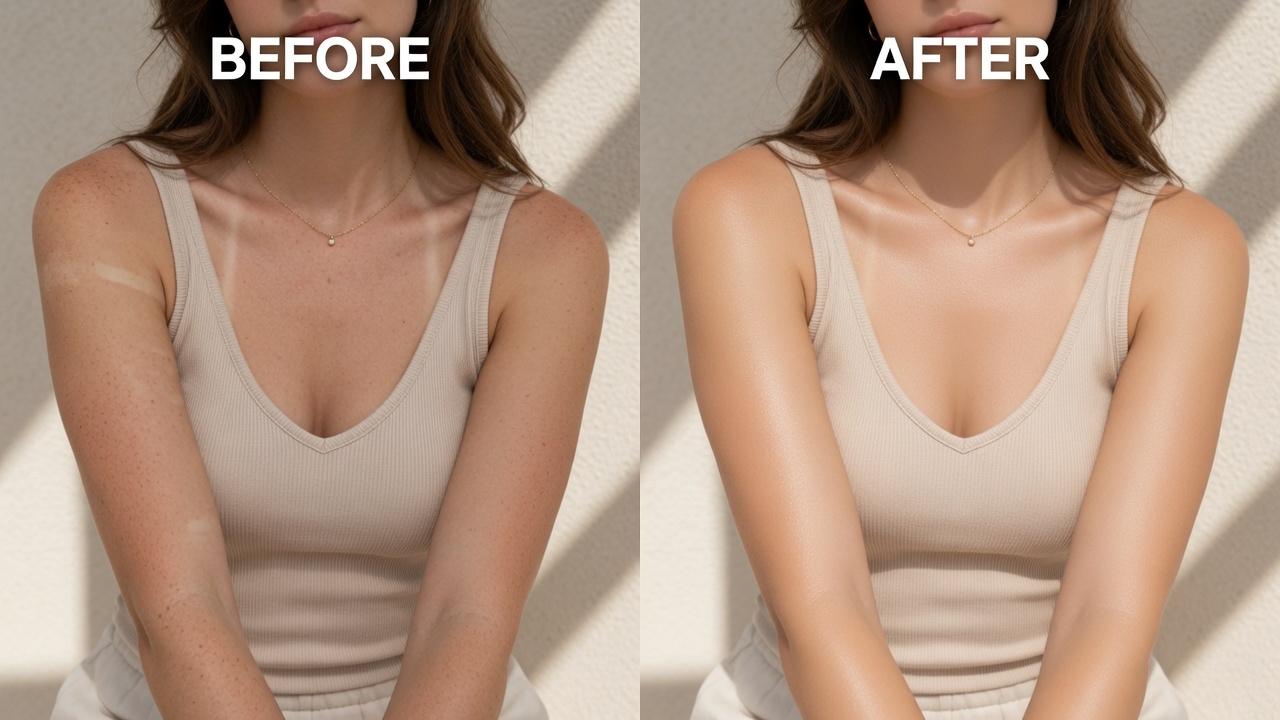 Before and after showing skin tone consistency maintained with daily Supergoop! Unseen Sunscreen Body SPF 40 use versus unprotected sun exposure