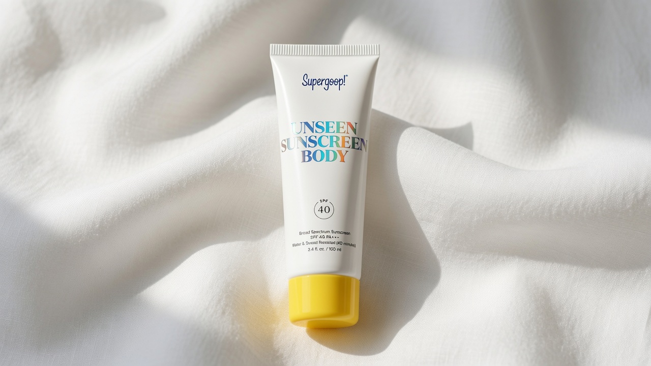 Supergoop! Unseen Sunscreen Body SPF 40 tube on neutral cream background with summer minimal styling