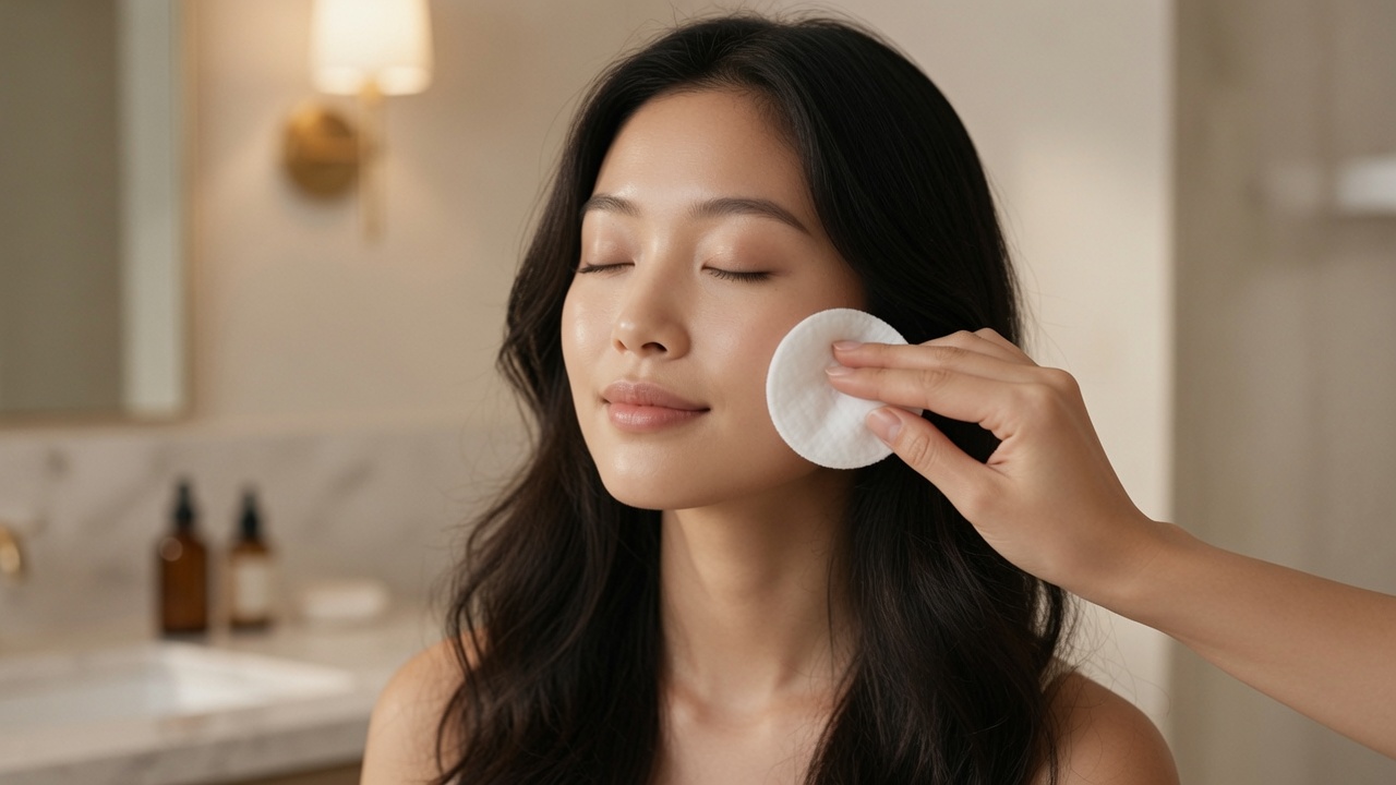 Applying The Ordinary Glycolic Acid 7% Toner with a cotton pad in gentle sweeping motions across the cheek
