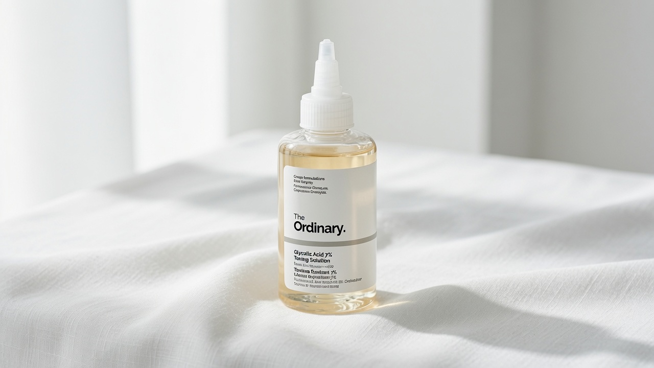 The Ordinary Glycolic Acid 7% Exfoliating Toner bottle on neutral cream background