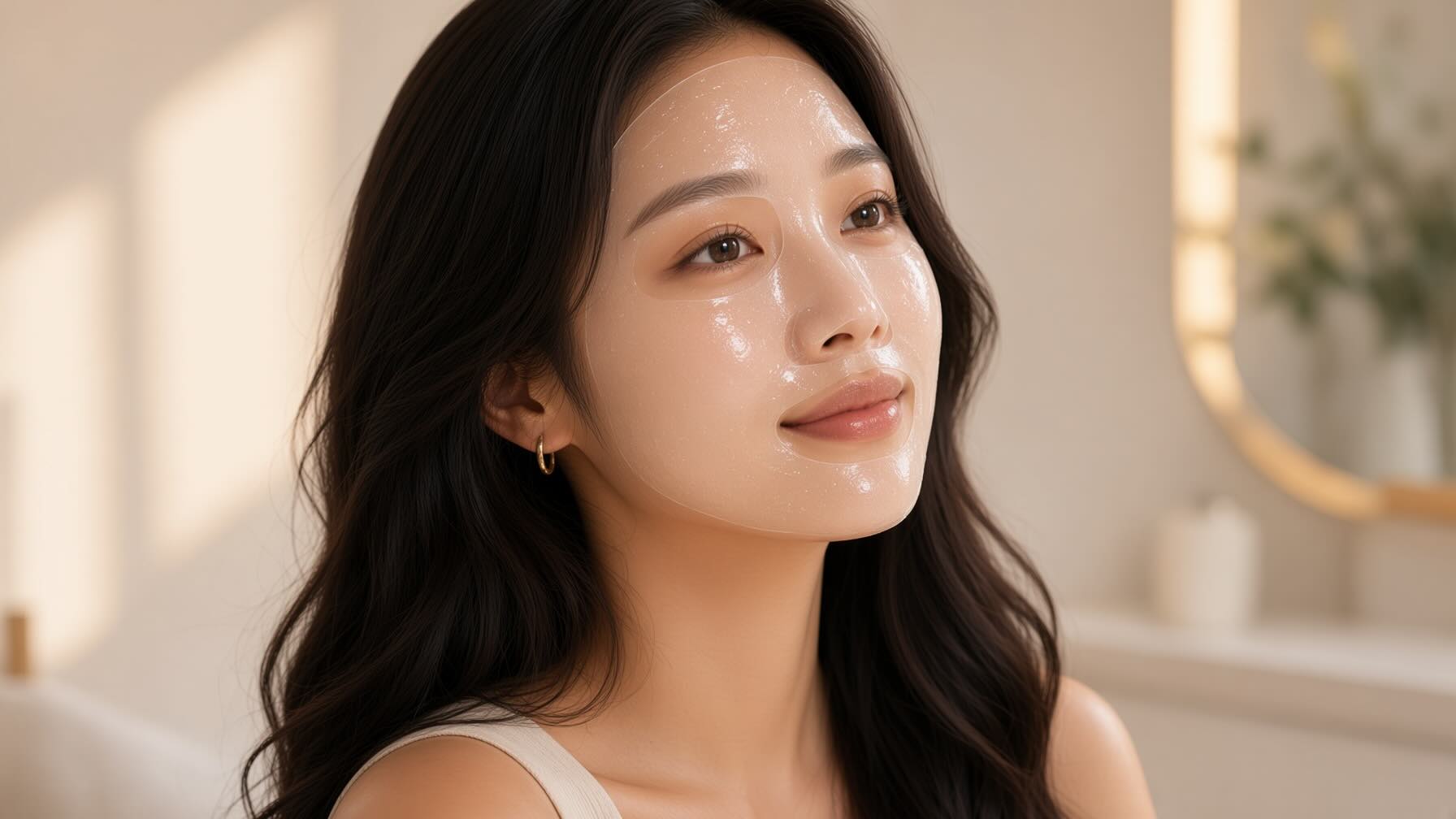 Biodance Bio-Collagen Real Deep Mask applied to the face showing the translucent hydrogel conforming to facial contours during a 40-minute treatment