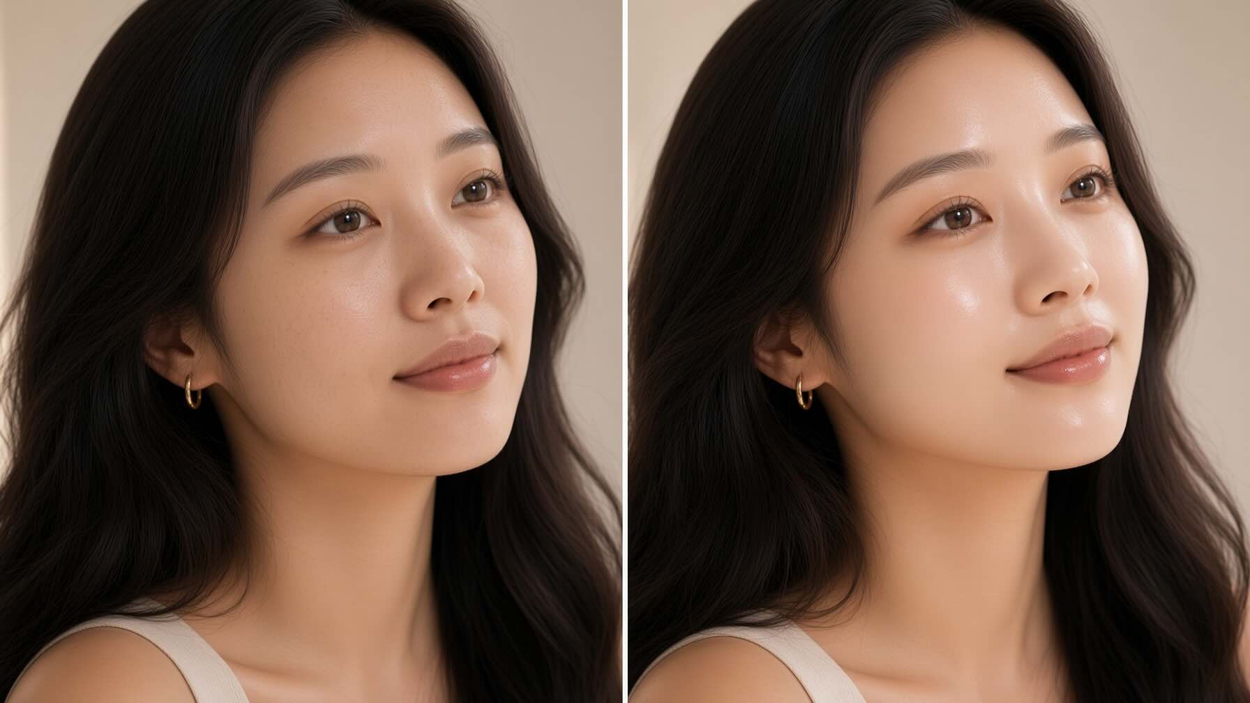 Before and after comparison of dull summer-damaged skin in August and luminous hydrated skin after 4 weekly Biodance Bio-Collagen Mask sessions