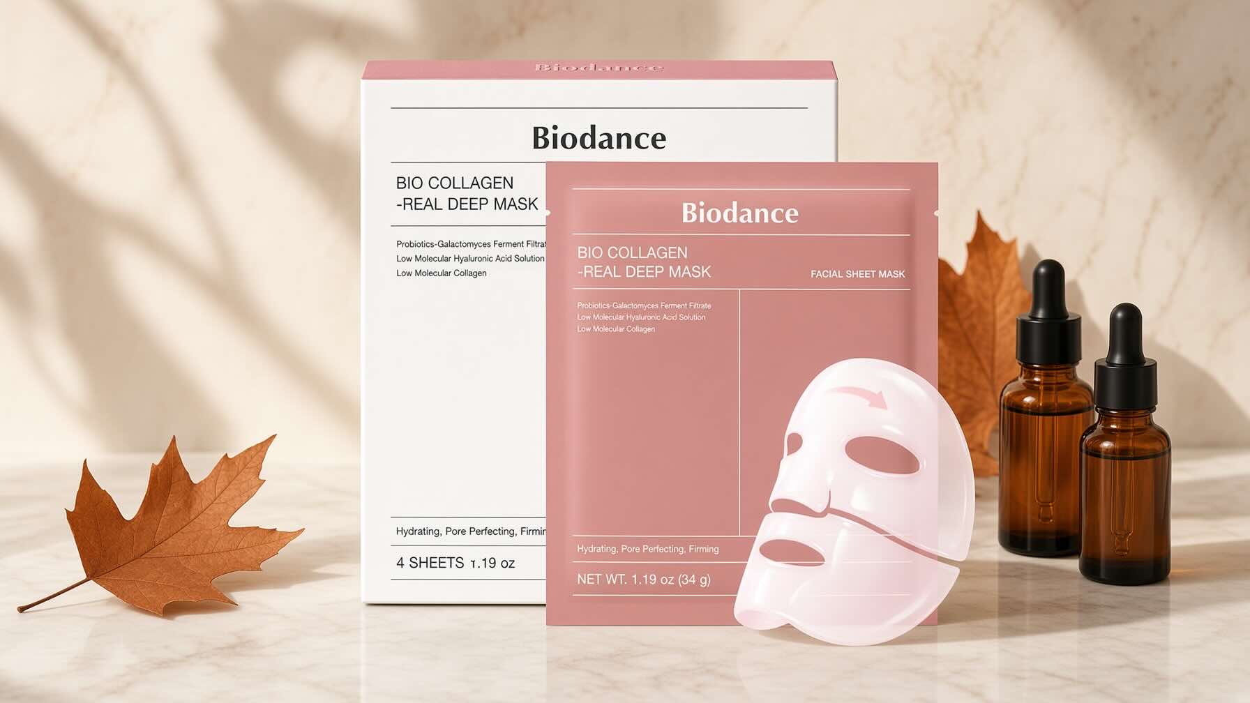 Biodance Bio-Collagen Real Deep Mask packaging and translucent hydrogel mask on neutral cream background with autumn-transitional styling
