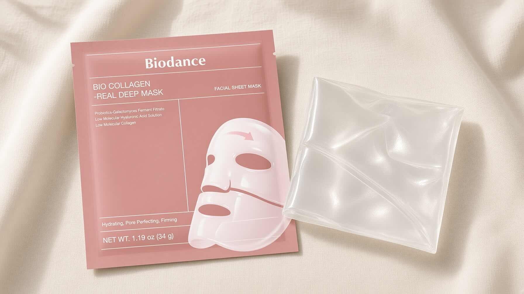 Biodance Bio-Collagen Real Deep Mask translucent hydrogel sheet showing the clear texture before application