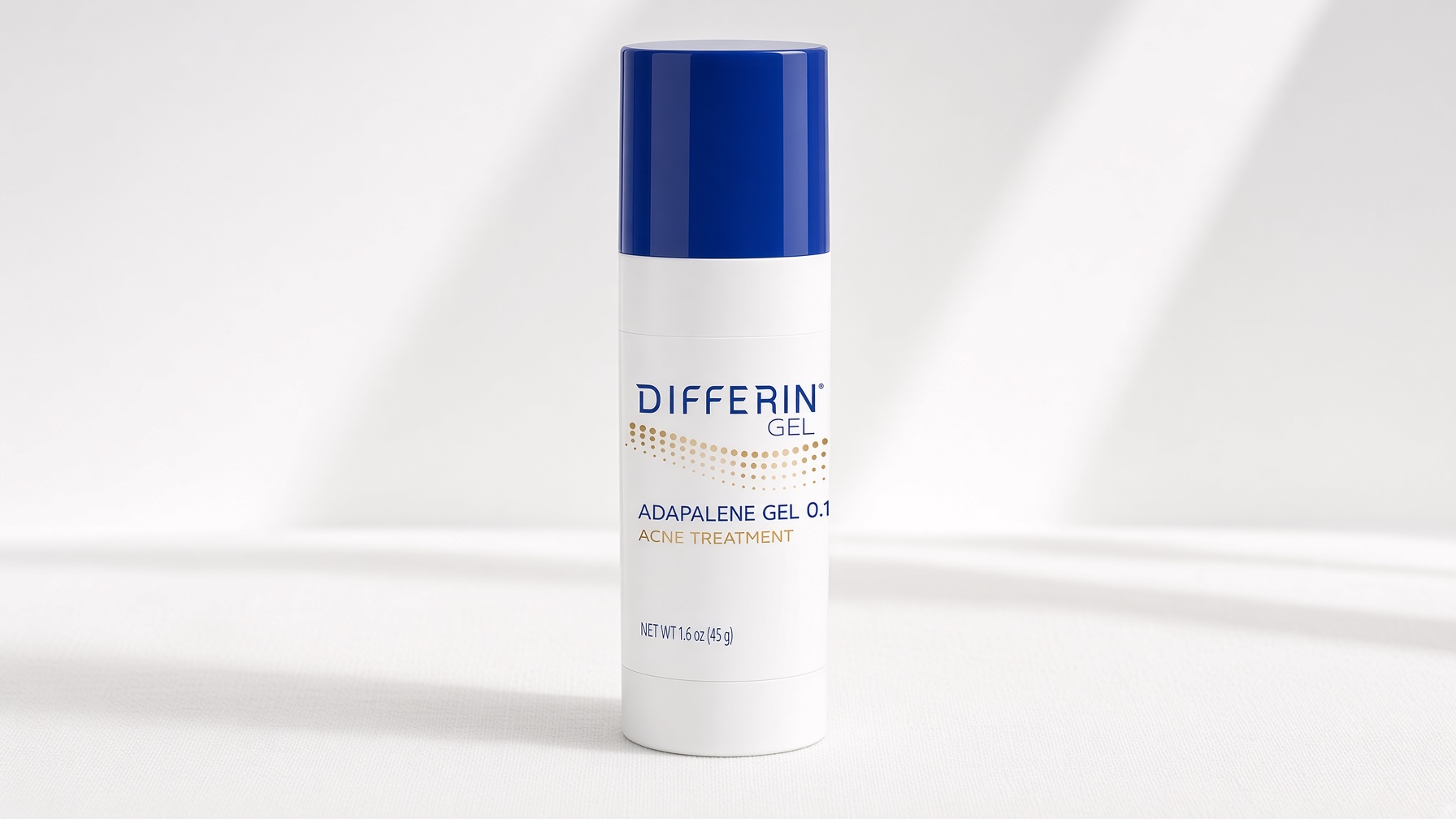 Differin Adapalene Gel 0.1% white tube on neutral cream background with clinical skincare styling